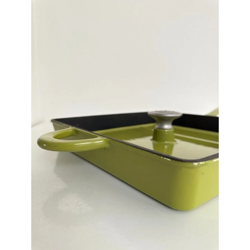 11” Mario Batali Green Enameled Cast Iron Grill Pan Panini Press with Lid Logo